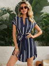 Notch Neck Curved Hem Belted Striped Dress