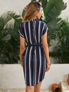 Notch Neck Curved Hem Belted Striped Dress