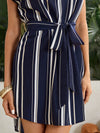 Notch Neck Curved Hem Belted Striped Dress