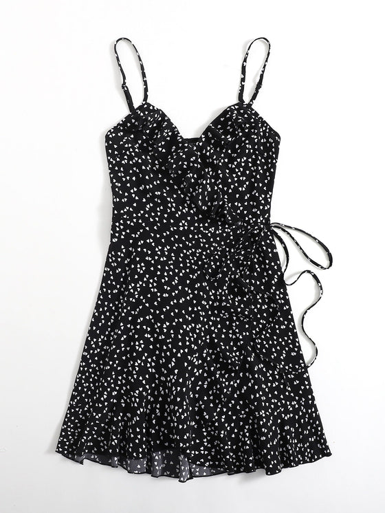 Allover Heart Print Ruffle Detail Wrap Cami Dress