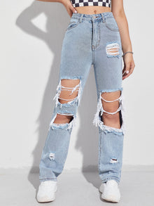  Light Wash Destroyed Detail Boyfriend Jeans