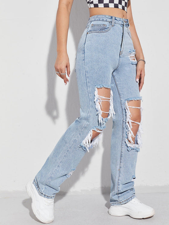 Light Wash Destroyed Detail Boyfriend Jeans