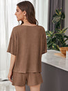 Notch Neck Waffle Knit Top Track Shorts Set