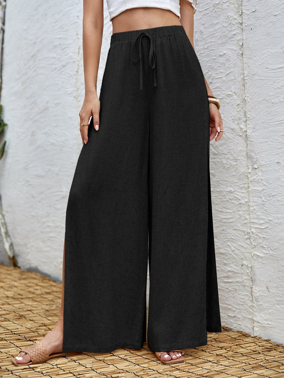 Tie Waist Split Thigh Wide Leg Pants