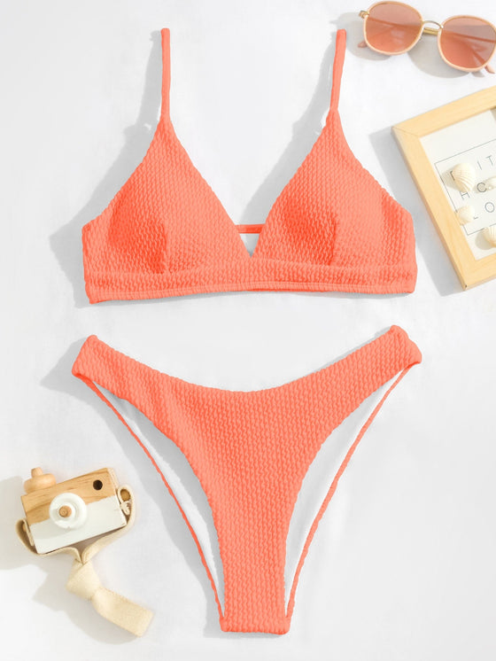 Plain Textured Bikini Swimsuit