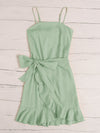 MOD Cut Out Tie Back Ruffle Trim Wrap Hem Slip Dress