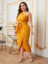 Plus One Shoulder Self Belted Wrap Hem Dress