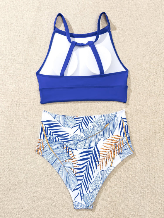 Leaf Pattern High Waisted Bikini Swimsuit