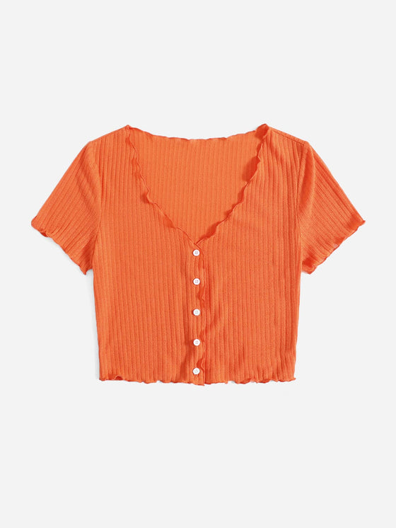 Buttoned Front Lettuce Trim Rib knit Tee