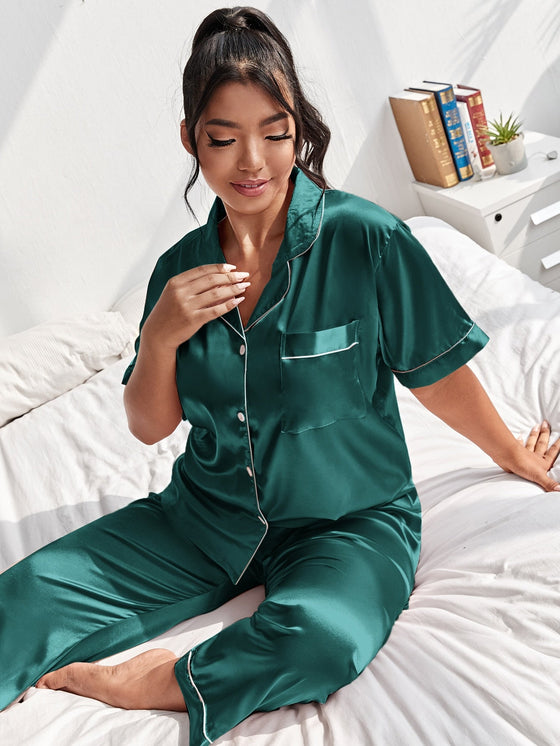 Plus Contrast Binding Satin Pajama Set
