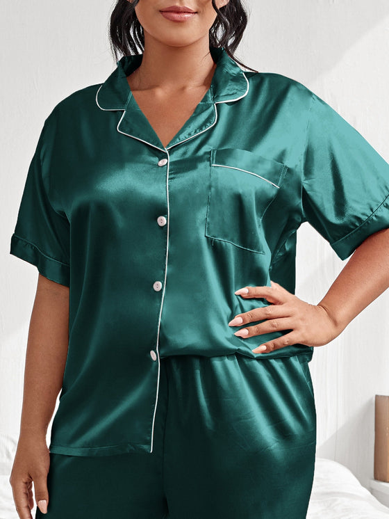Plus Contrast Binding Satin Pajama Set