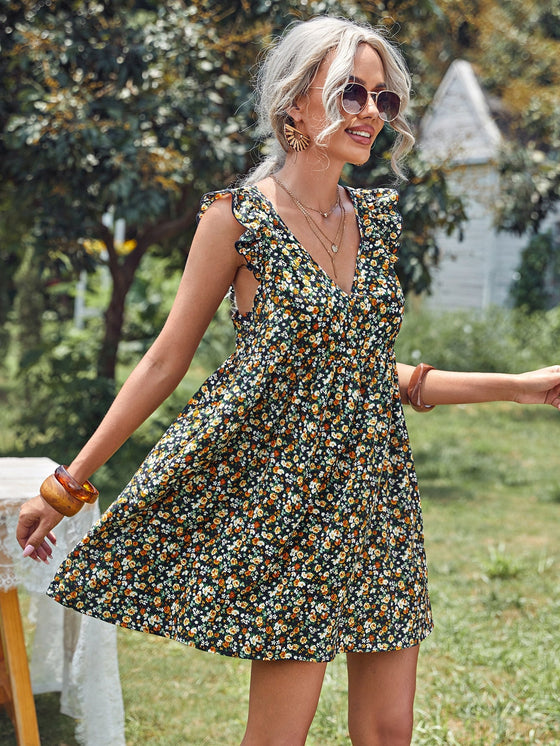 Ruffle Trim Tie Back Ditsy Floral Dress