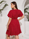 Plus Polka Dot Butterfly Sleeve Knot Side Wrap Dress
