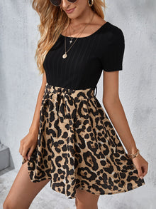  Leopard Paneled Self Belted Dress