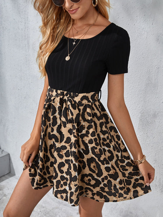 Leopard Paneled Self Belted Dress