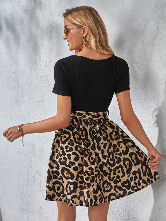 Leopard Paneled Self Belted Dress