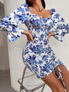 Allover Floral Print Shirred Drawstring Ruched Sweetheart Neck Dress