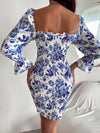 Allover Floral Print Shirred Drawstring Ruched Sweetheart Neck Dress