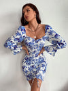 Allover Floral Print Shirred Drawstring Ruched Sweetheart Neck Dress