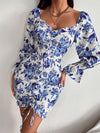 Allover Floral Print Shirred Drawstring Ruched Sweetheart Neck Dress