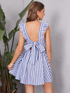 Striped Print Tied Backless Ruffle Trim Dress