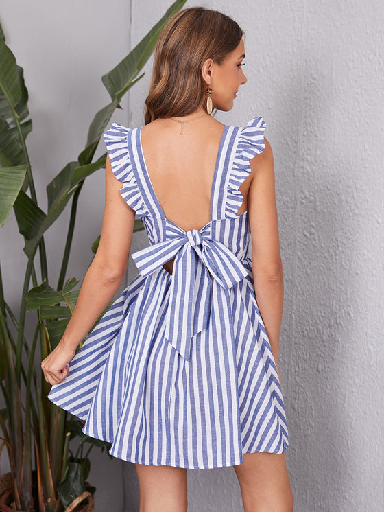 Striped Print Tied Backless Ruffle Trim Dress