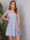 Striped Print Tied Backless Ruffle Trim Dress