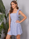 Striped Print Tied Backless Ruffle Trim Dress