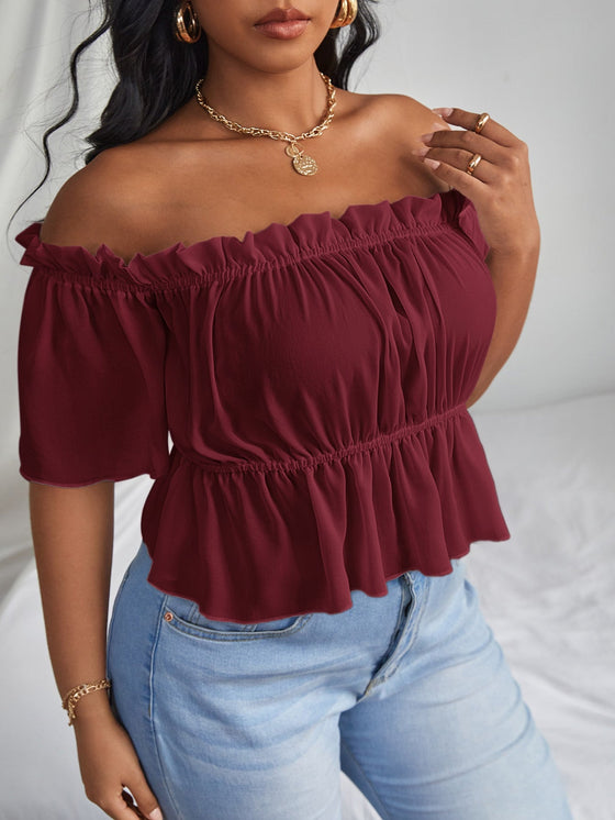 Plus Solid Ruffle Bardot Blouse