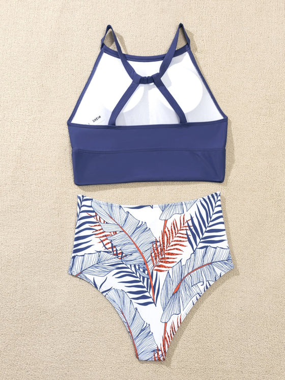 Leaf Pattern High Waisted Bikini Swimsuit