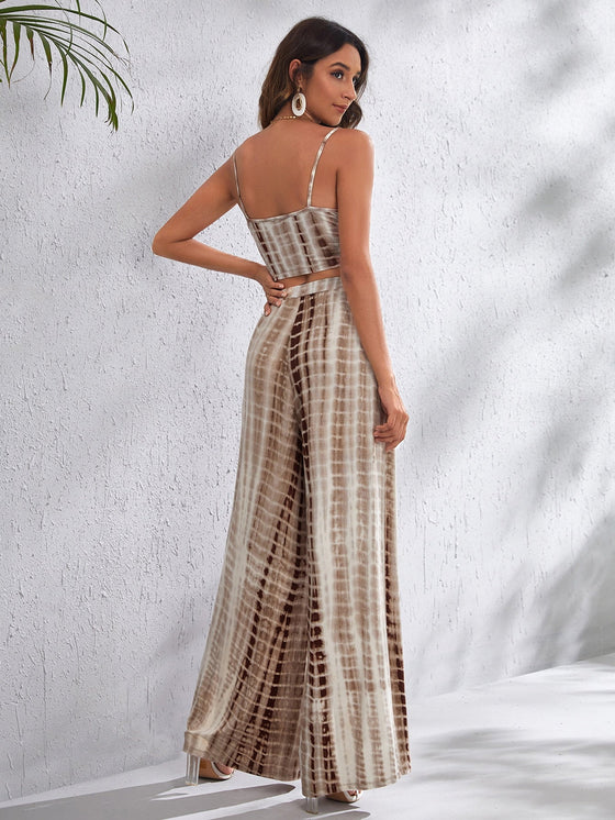 Tie Dye Crop Cami Top Wrap Split Thigh Palazzo Pants Set