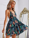 Plunging Neck Tied Open Back Tropical Dress