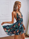 Plunging Neck Tied Open Back Tropical Dress