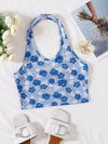 Floral Print Backless Rib Knit Halter Crop Top