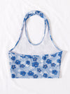 Floral Print Backless Rib Knit Halter Crop Top
