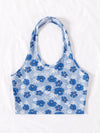 Floral Print Backless Rib Knit Halter Crop Top