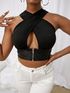 SXY Solid Criss Cross Zip Decor Crop Tank Top