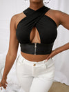 SXY Solid Criss Cross Zip Decor Crop Tank Top