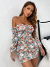 Floral Print Off Shoulder Ruched Drawstring Front Dress