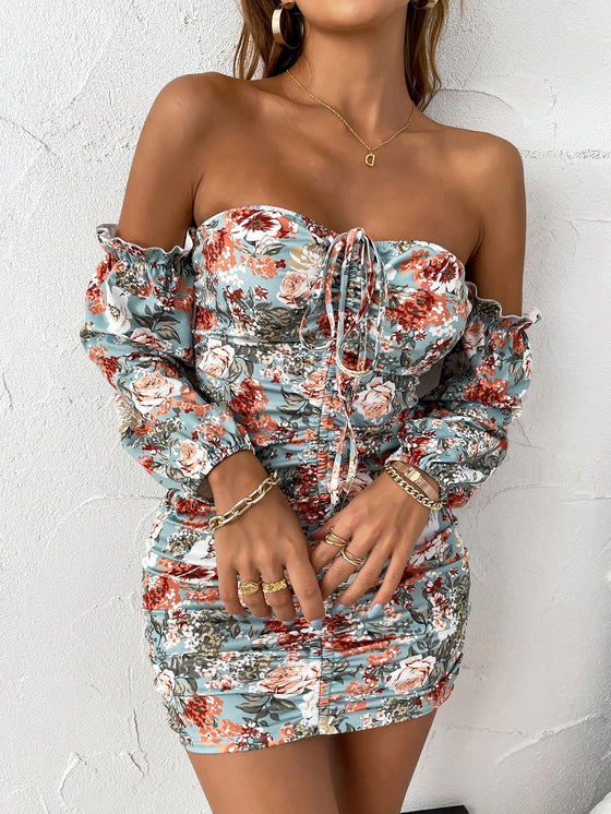 Floral Print Off Shoulder Ruched Drawstring Front Dress