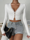Lace Trim Button Front Rib Knit Crop Top