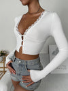 Lace Trim Button Front Rib Knit Crop Top