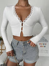 Lace Trim Button Front Rib Knit Crop Top