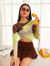 Lettuce Trim Colorblock Sheer Mesh Crop Top Without Bra