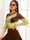 Lettuce Trim Colorblock Sheer Mesh Crop Top Without Bra