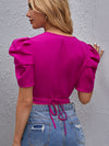 Puff Sleeve Surplice Wrap Tie Back Blouse