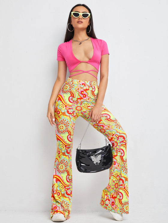 Floral Print Flare Leg Pants