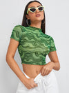 Marble Print Frill Trim Mesh Crop Top