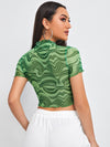 Marble Print Frill Trim Mesh Crop Top