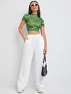 Marble Print Frill Trim Mesh Crop Top